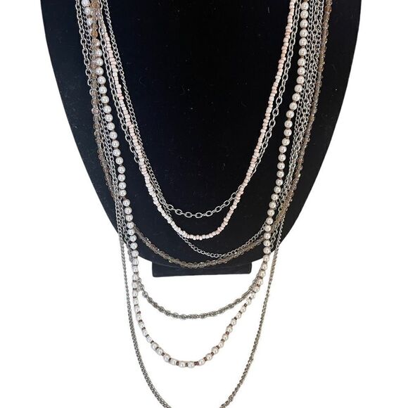 Long Seven Strand Silver-tone, Faux Pearl, and Bead Chain Necklace - Picture 10 of 12